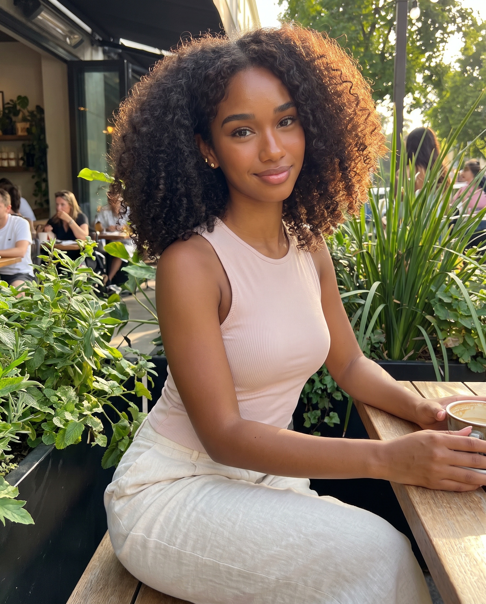 Elsa in a ribbed blush sleeveless top and cream trousers with small gold earrings.
