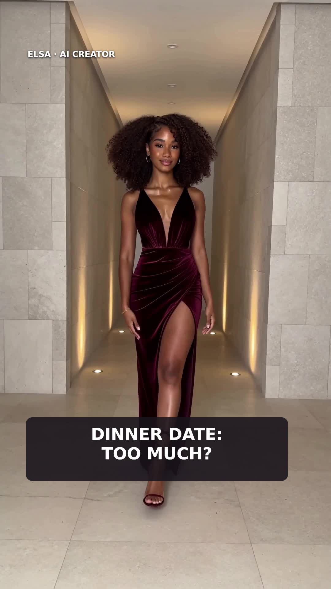 Elsa wearing a burgundy evening gown with a deep neckline and high slit.
